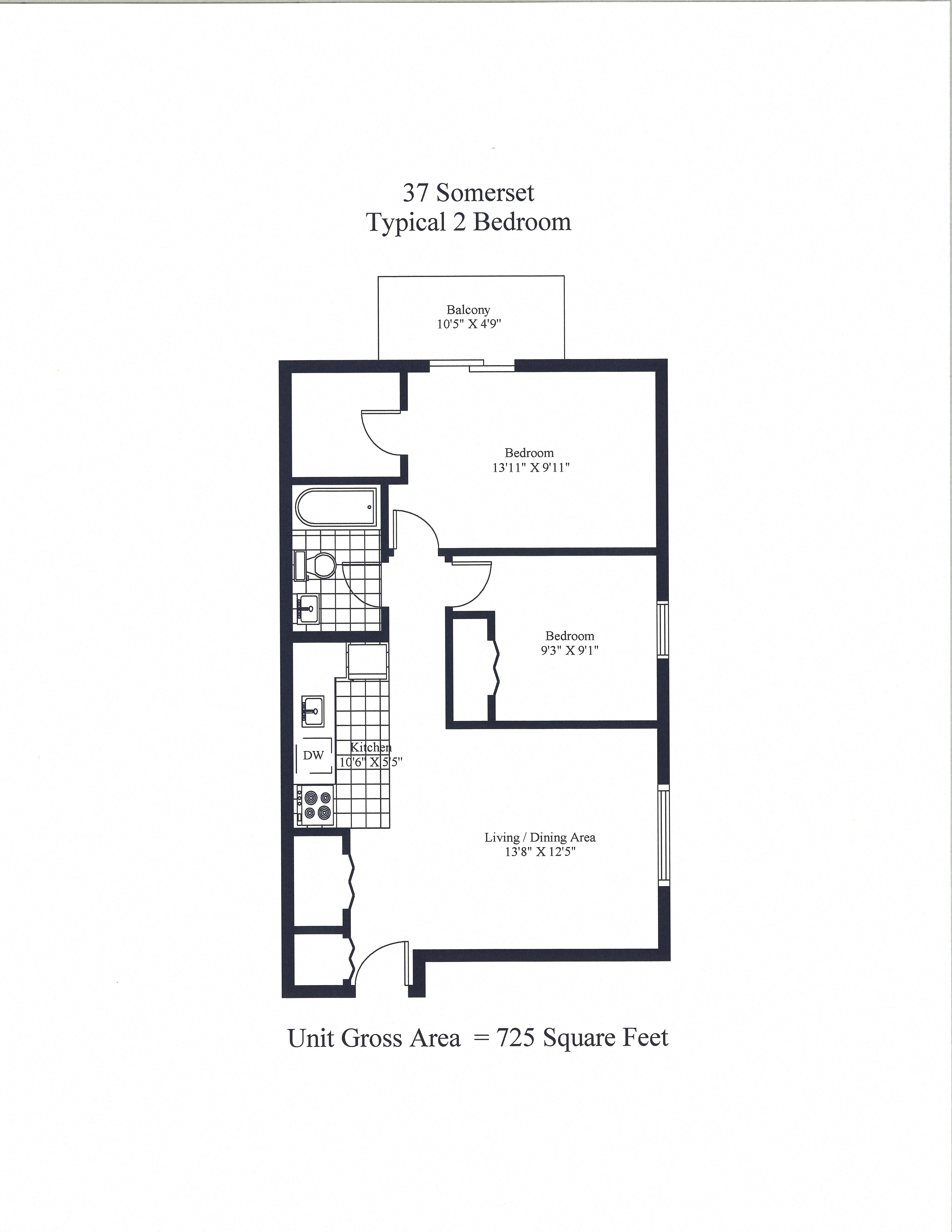 Floor plan for 2 beds, 1 bath, 780 sqft